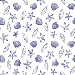 Seamless pattern with seashells and starfish. Vector hand drawn doodle illustration. Blue line on a white background