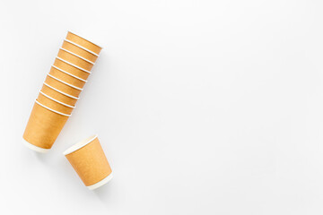 Paper take away coffee cups flat lay. Top view