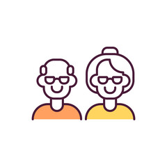 Old people RGB color icon. Elder law protecting system. Lovely couple on pension. Granting safety for old people rights and freedom. Isolated vector illustration