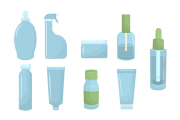 Set of vector illustration of cosmetic bottles in blue-green colors, isolated on white
