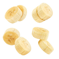 Collection of banana pieces, isolated on white background