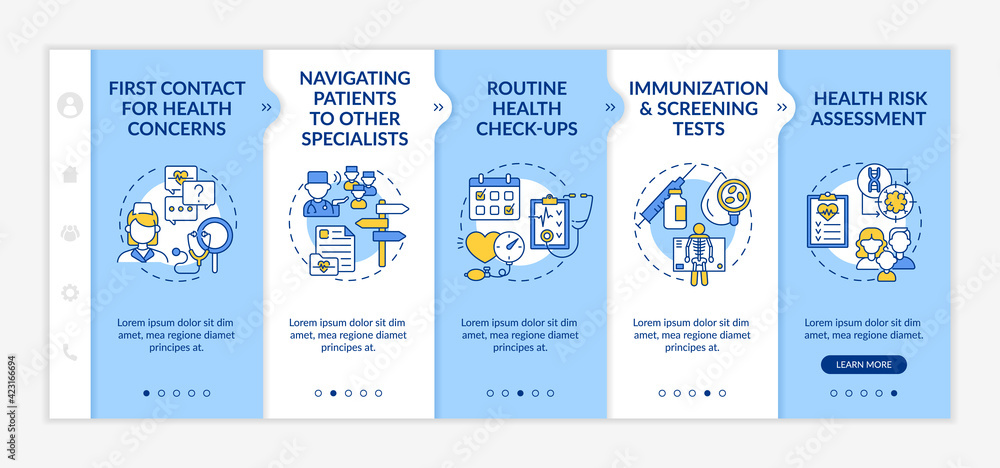 Poster family doctor responsibilities onboarding vector template. responsive mobile website with icons. web