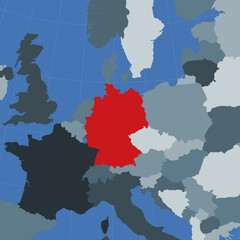 Fototapeta na wymiar Shape of the Germany in context of neighbour countries. Country highlighted with red color on world map. Germany map template. Vector illustration.