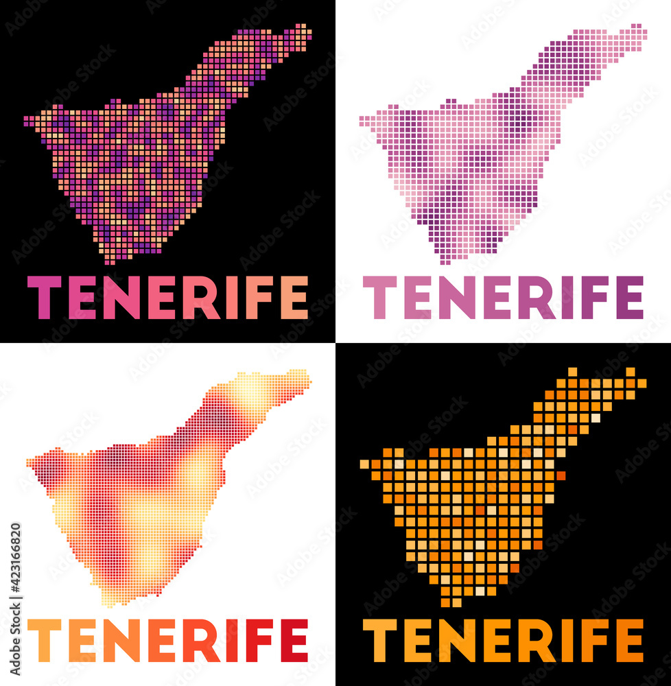 Poster tenerife map. collection of maps of tenerife in dotted style. borders of the island filled with rect