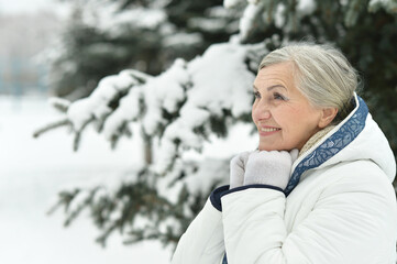 Happy beautiful senior woman posing in snowy winter park