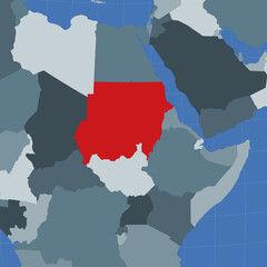 Shape of Sudan in the context of neighbor countries. Country highlighted with red color on world map. Sudan map template. Vector illustration.