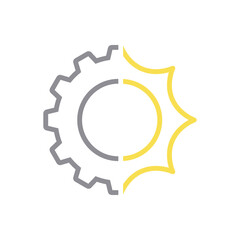 Energía solar. Logotipo con engranaje y sol con lineas en color gris y amarillo