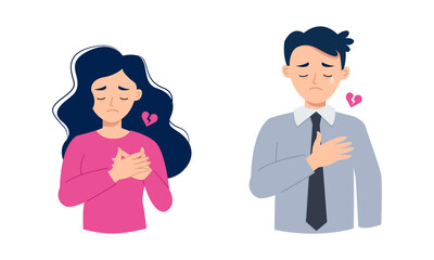 Obraz na płótnie Canvas Man and woman feel sad because of heart broken and lonely. Flat vector cartoon design