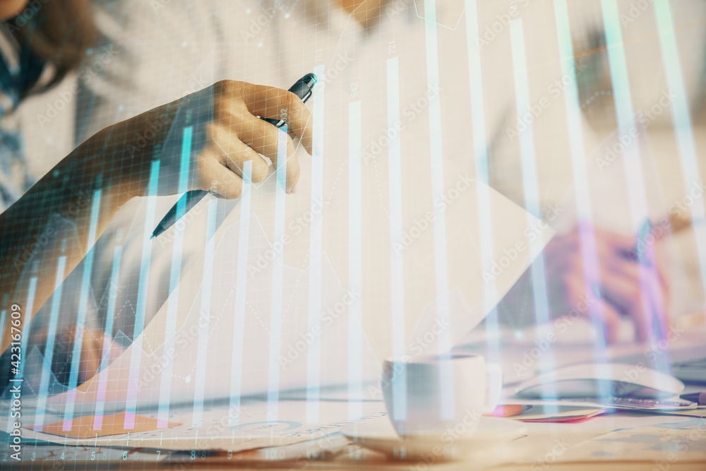 Poster double exposure of forex graph drawing over people taking notes background. concept of financial ana