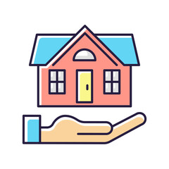 Home insurance RGB color icon. Insured event. Covering accident expenses for repairing, rebuilding house. Homeowners insurance policy. Protection from natural disasters. Isolated vector illustration