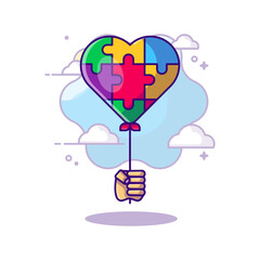 Autism Day with Love Balloon and Hand Vector Icon Cartoon Illustrations. Autism Day Icon Concept White Isolated. Flat Cartoon Style Suitable for Web Landing Page, Banner, Sticker, Background