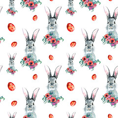 Seamless bright Easter pattern with Easter bunny, anemones, Easter eggs in red, spring, Easter, watercolor work, hand drawing.
