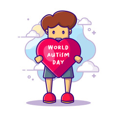 Cute Man and Love World Autism Day Vector Icon Cartoon Illustrations. Autism Day Icon Concept White Isolated. Flat Cartoon Style Suitable for Web Landing Page, Banner, Sticker, Background