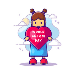 Cute Woman and Love World Autism Day Vector Icon Cartoon Illustrations. Autism Day Icon Concept White Isolated. Flat Cartoon Style Suitable for Web Landing Page, Banner, Sticker, Background