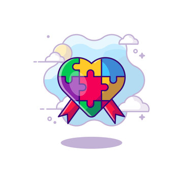 Love with Ribbon Autism Day Vector Icon Cartoon Illustrations. Autism Day Icon Concept White Isolated. Flat Cartoon Style Suitable for Web Landing Page, Banner, Sticker, Background