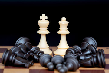 Concept of victory and defeated enemies. Made with chess figures on a chessboard.