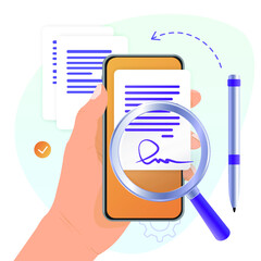 Electronic contract or digital signature concept in vector illustration. Signing an electronic contract online in phone. Icons, button. Website template or web page layout. The working process.