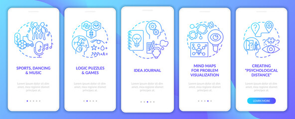Boosting problem solving skills tips navy onboarding mobile app page screen with concepts. Mindset walkthrough 5 step graphic instructions. UI, UX, GUI vector template with linear color illustrations