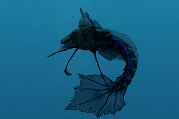 3d illustration of a menacing predatory female Mermaid swimming in the ocean