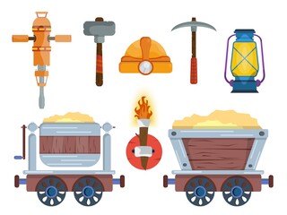 A set with mining tools for the extraction of resources. Mine carts, protection and lighting in the mine.