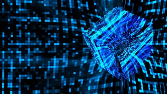 Cube reflection abstract dark cave waveform visualization wave technology digital surface background, animation abstract blue tone square light particles pattern oscillation