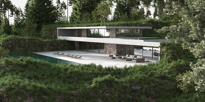 Minimal architecture design. House terrace and swimming pool with sun lounger. Nature landscape and forest with trees panoramic view. 3d render illustration exterior with floor concrete, large window.
