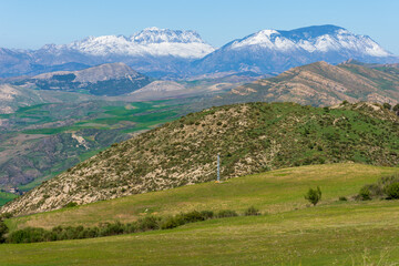 Beautiful landscape view with snow-covered mountains in the background 