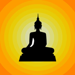 A beautiful silhouette of Buddha with glowing yellow background. Concept about religion, faithful, Buddha, Buddhist. 