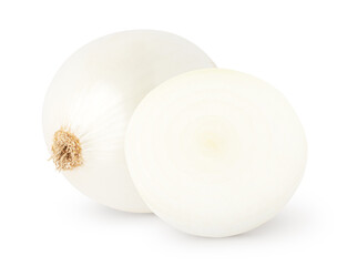 Isolated onions. Whole and a half of white onion isolated on white background with clipping path