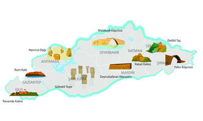 Turkey's historical and touristic places. Southeast Anatolia (Güneydoğu Anadolu) region. Touristic places. Vector images.