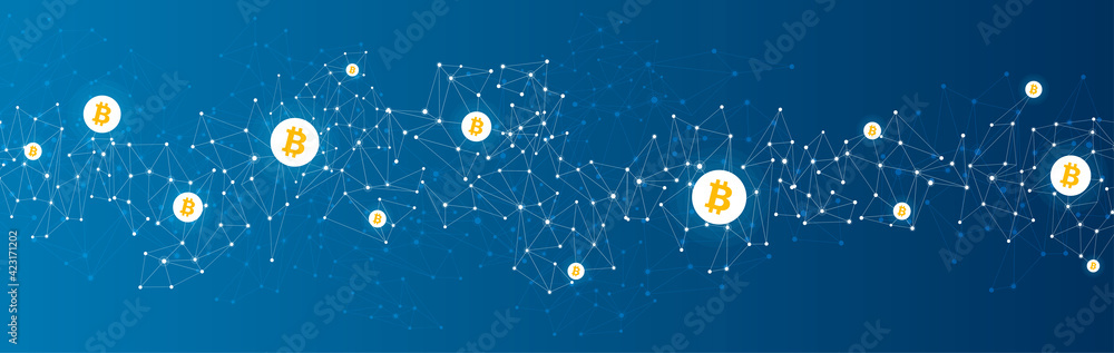 Poster abstract bitcoin cryptocurrency wireframe low poly mesh background.
