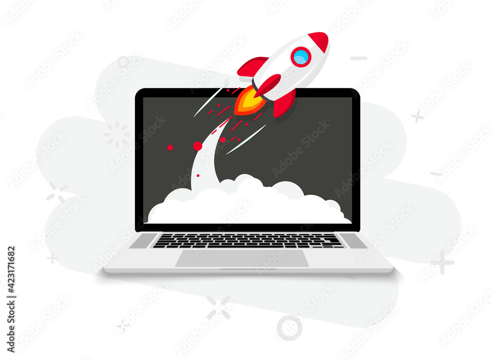 Wall mural rocket launch from laptop screen. rocket taking off. business start up, launching new product or ser