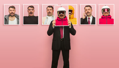Young man showing portraits with different emotions isolated on pink background.