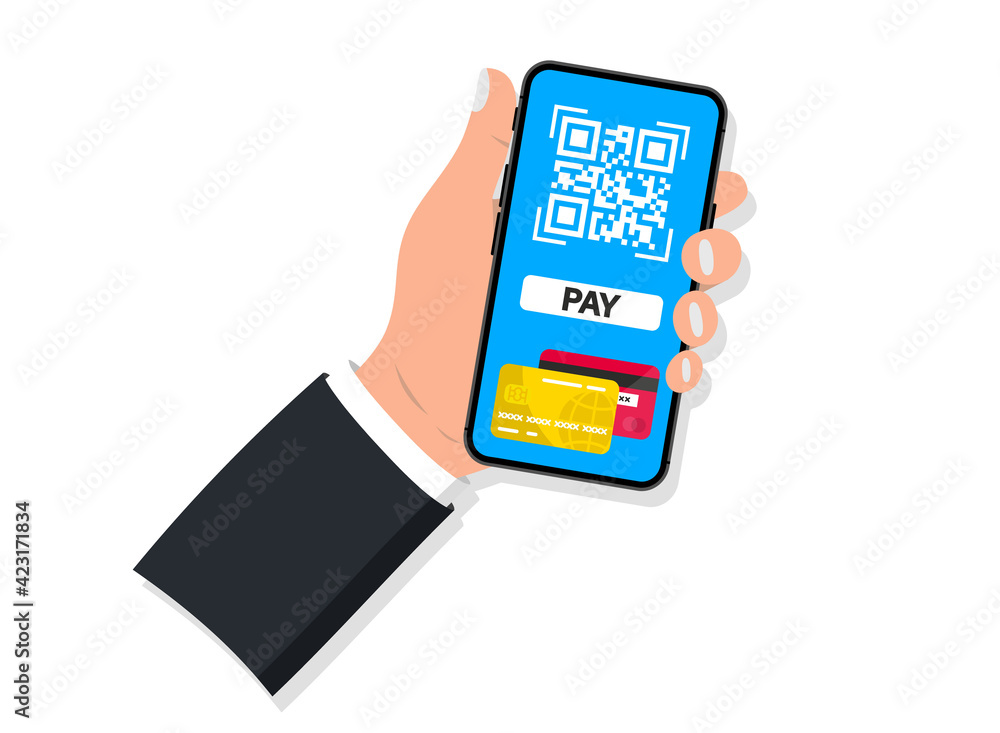 Poster scan to pay. payment by credit card using smartphone to scan qr code. hand holding smartphone with q