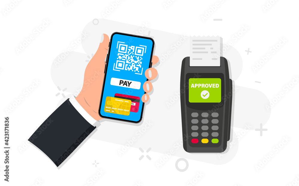 Aufkleber Mobile banking and payment by credit card using smartphone. Pos terminal confirms the payment. NFC payments. Scan to pay. Payment using Phone to scan QR code. Contactless payment, cashless technology