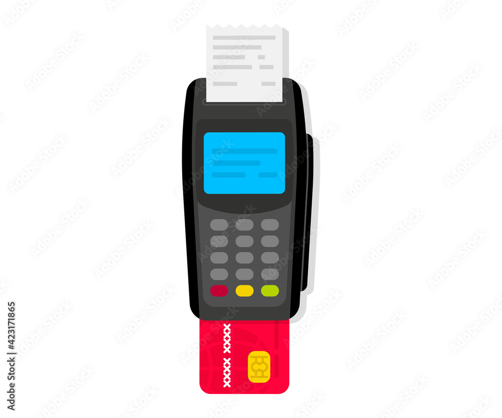 Aufkleber Payment Machine. POS Terminal. NFC payments. Payment by credit card using POS terminal with inserted credit card and print receipt. Terminal confirms the payment. NFC Bank Payment device. Top View
