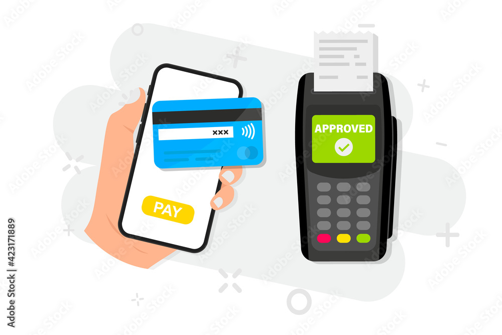 Poster mobile payments using a smartphone. pay by credit card via electronic wallet wirelessly on phone. po