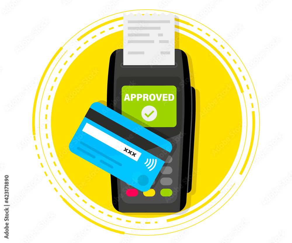 Aufkleber Payment Machine. POS Terminal. NFC payments. Payment by credit card using POS terminal with inserted credit card and print receipt. Terminal confirms the payment. NFC Bank Payment device. Top View