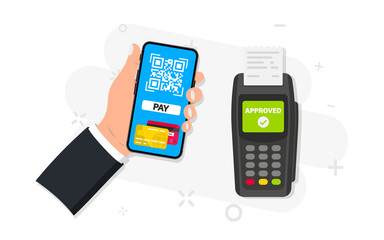 Mobile banking and payment by credit card using smartphone. Pos terminal confirms the payment. NFC payments. Scan to pay. Payment using Phone to scan QR code. Contactless payment, cashless technology