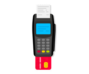 Payment Machine. POS Terminal. NFC payments. Payment by credit card using POS terminal with inserted credit card and print receipt. Terminal confirms the payment. NFC Bank Payment device. Top View
