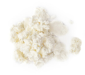 Cottage cheese isolated on white background closeup. Diary Products with high protein. Top view
