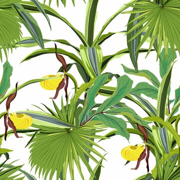 Tropical leaves with orhid flowers. Seamless design with amazing palant with flowers. Fashion, interior, wrapping, packaging suitable. Realistic branch on white background.