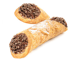 Sicilian Cannoli isolated on white background. Sweet  Italian Dessert Cannolo  stuffed with cream cheese Top view.