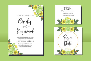 Wedding invitation frame set, floral watercolor hand drawn Green Rose Flower design Invitation Card Template