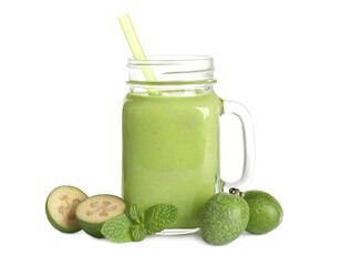 Fresh feijoa smoothie in mason jar and fresh fruits on white background