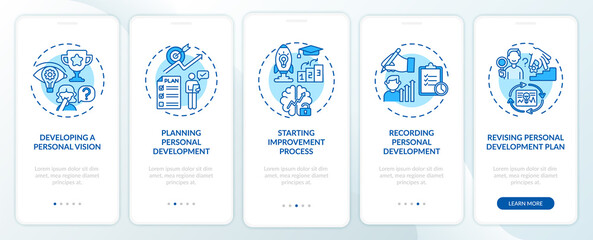 Personal development steps blue onboarding mobile app page screen with concepts. Self-improvement walkthrough 5 steps graphic instructions. UI, UX, GUI vector template with linear color illustrations