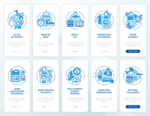 Self-development tips blue onboarding mobile app page screen with concepts set. Personal challenge walkthrough 5 steps graphic instructions. UI, UX, GUI vector template with linear color illustrations