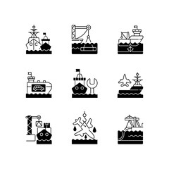 Shipping industry black linear icons set. Naval fleet. Underwater construction. Anchorage. Vehicle carrier ship. Repairing floating vessel. Glyph contour symbols. Vector isolated outline illustrations