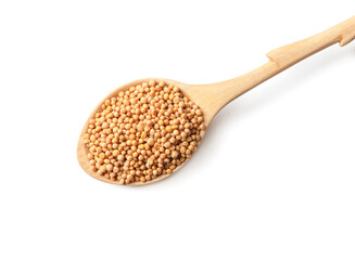 Spoon with mustard seeds on white background, top view