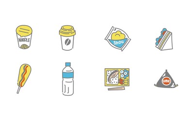 コンビニエンスストア・スーパーマーケット取扱食品や飲み物のイラストセット